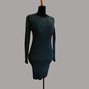 Festive & Warm Lulus Dark Emerald Green Ribbed Knit Sequin Mini Sweater Dress S